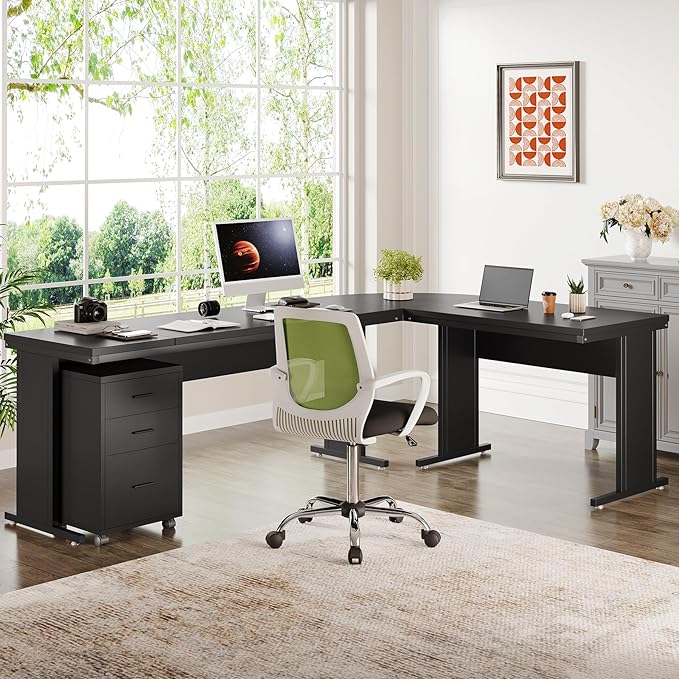 Tribesigns 83 Inch L-Shaped Office Desk Large Executive Computer Desk with 3-Drawer File Cabinet Industrial Corner Desk with Storage Drawers Business Furniture Work Desk for Home Office (Black)