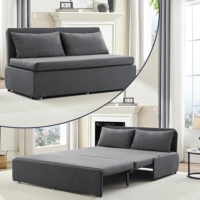 2 in 1 Pull Out Sofa Bed Queen Size Small Convertible Sleeper Sofa Couch Linen Folding Guest Bed with Wheels and Cushions Pillow Futon Sofas Couch Beds for Bedroom Office Lounge - Dark Grey