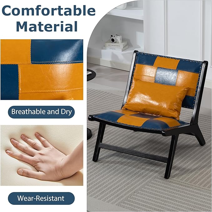 Modern Comfortable PU Leather Armless Mid-Century Style Lounge Armchair Brown Solid Wood Chair Floral Pattern Sofa Chair for Living Room/Office/Balcony/Bedroom (Blue+Yellow Set of 1)
