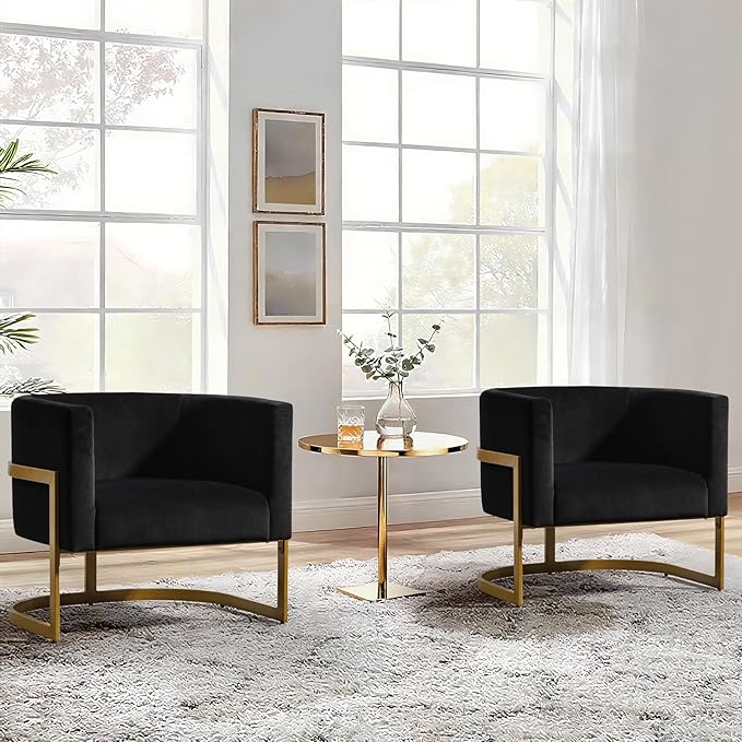 Modern Black Accent Chair Velvet Barrel Chair Padded Seat Upholstered Comfy Armchair for Reading/Living Room/Bedroom/Club Side Chairs with Luxury Gold Frame