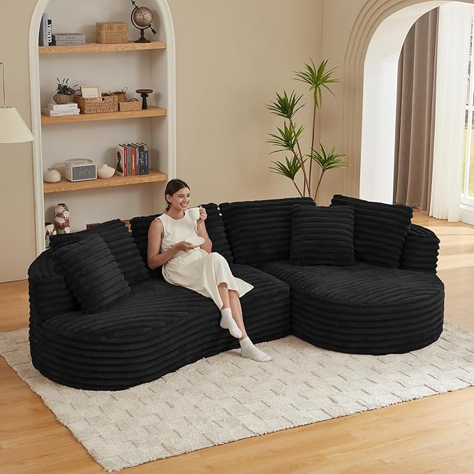 121 inch Boneless Cloud Modular Sectional Couch Wide Curved L Shaped Sofa with Chaise | Corduroy Fabric | Compressed Foam Sofa for Living Room | No Assembly Black