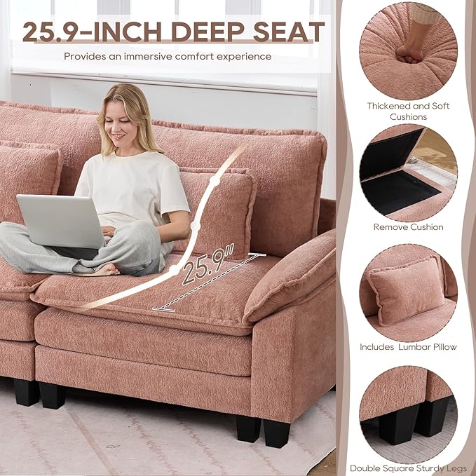 IPKIG 154 Modular Sectional Sofa Velvet U-Shaped Sectional Couch Comfy Upholstered Seat Sofa with Ottoman Deep Seat Cloud Couch Sofa for Living Room Pink | 2 Layer Cushion Cloud Couch Modular Se