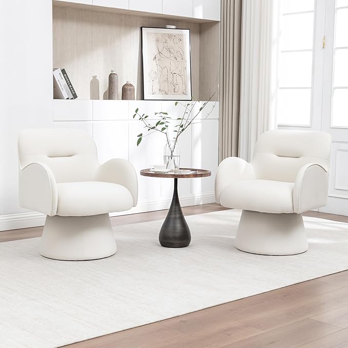 Swivel Chair with Armrest Modern Velvet Barrel Chairs with Curve Back Soft Cushion Comfy Accent Round Armchair Single Sofa for Living Room Bedroom White