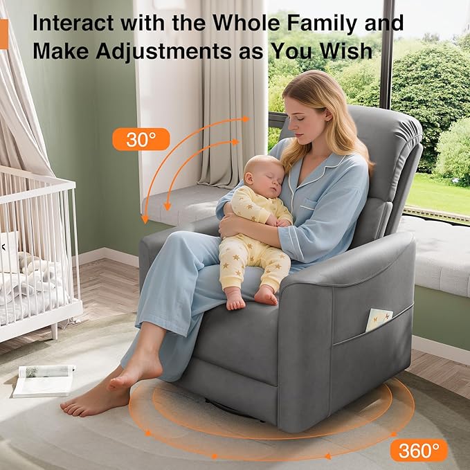 Power Swivel Rocker Recliner Power Recliner Chair 360° Swivel Small Recliners for Small Spaces Infinite Position Rocking Chair Nursery PU Leather Living Room Chairs with USB Port Gray