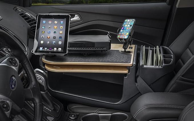 AutoExec AE-GMCD-PI-PS-PM-TAB-11M GripMaster Car Desk for Your Vehicle Workstation and Mobile Office Natural with 400 watt Power Inverter Printer Stand Phone Mount and Tablet Mount