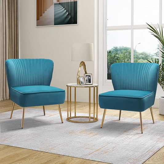 TINA'S HOME Monica Velvet Armless Side Chair Set of 2 Upholstered Accent Chair Comfy Living Room Chair with Golden Legs Wingback Mid Century Slipper Chair for Bedroom Guest Room- Blue