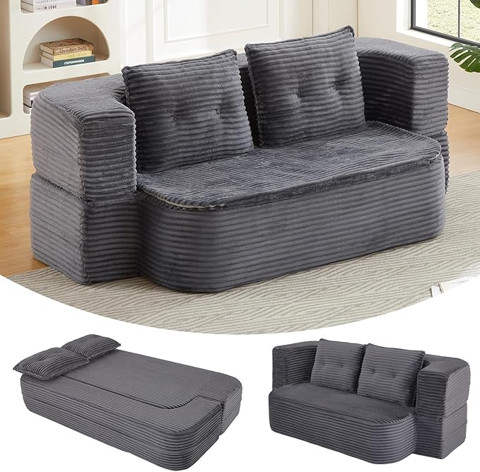 78.4 Convertible Sleeper Sofa Bed Floor Couch Loveseat with Functional Blanket and 2 Soft PillowsCorduroy Fabric Boneless Futon Couch for Living RoomBedroomApartment (Dark Grey)