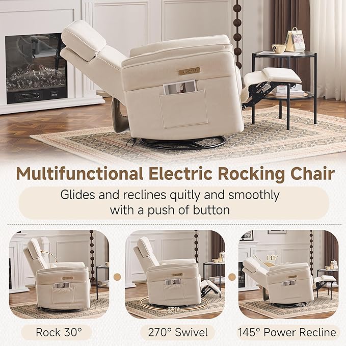 MELLCOM Power Recliner Rocking Chair Nursery Gliders with Adjustable Armrests and Headrest Swivel Electric Glider Reclining Nursing Chair with Storage Bags and USB Port FSC CertifiedBeige Fabric
