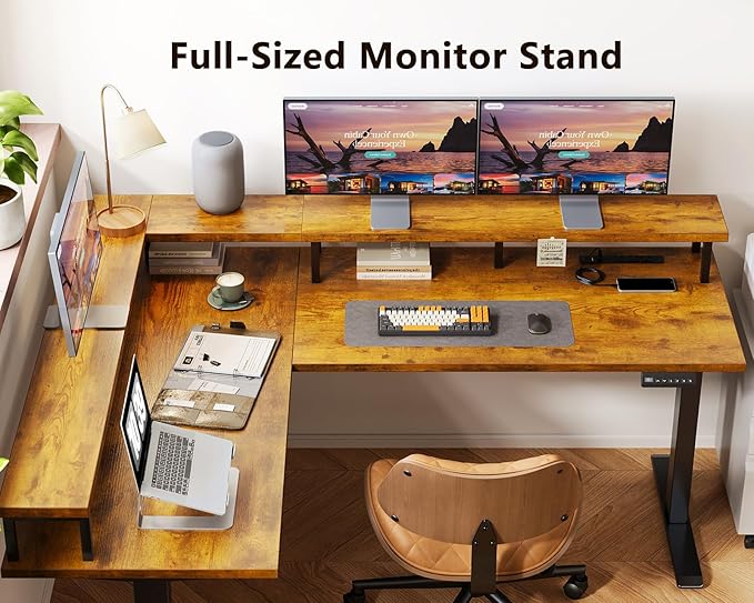 AODK Electric L Shaped Standing Desk 59 Inch Height Adjustable Stand Up Desk with Power Outlets ＆ Full Monitor Stand Reversible Corner Desk for Home Office ＆ Computer Workstation Rustic Brown