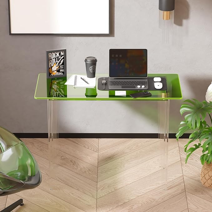 Modern Acrylic Desk for Home Office - Multi-Purpose Study Table with Extended Surface Sturdy Lightweight Design Transparent Green Console &amp Entryway Table (42.5 Inch)