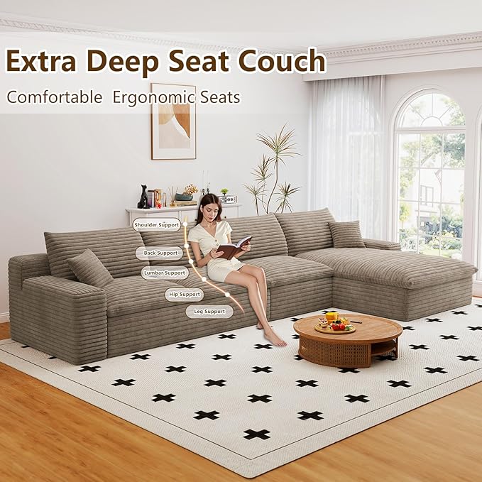 Cloud Sectional Couch136 Inch Modular Sectional Sofa with Deep Seat Modern Corduroy Boneless Couches with L-Shape Chaise for Living Room Bedroom No Assembly Required (Camel Right Facing Chaise)