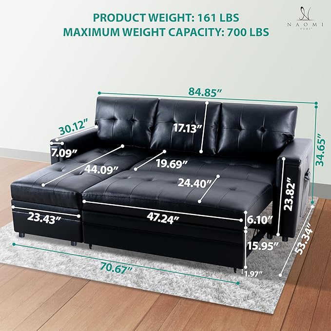 Naomi Home L-Shaped Sectional Sleeper Sofa with USB Ports - Convertible Pull-Out Bed Ample Storage Timeless Design Durable Construction Black/Air Leather