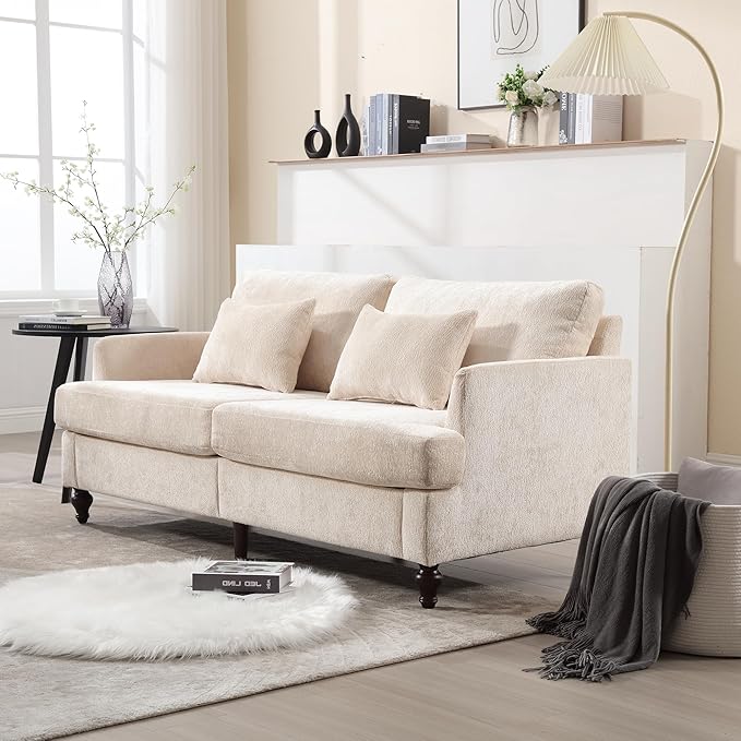 69” Modern Chenille Loveseat Sofa Couch Upholstered 2 Seat Love Seat Deep Seat Small Couch with 2 Pillows and Sturdy Wood Legs for Living Room Bedroom Apartment (Beige)