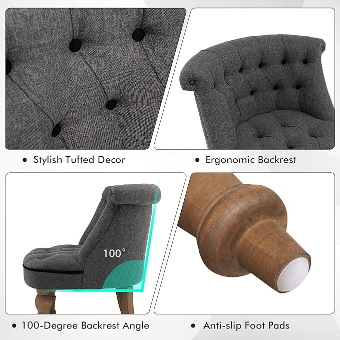 Giantex Accent Chair Set of 2 Single Sofa Chair with Tufted Backrests Beech Wood Legs Mid Century Corner Chairs Armless Slipper Chairs for Living Room Study Bedroom Reception Gray