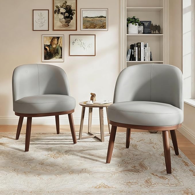 Accent Chair Mid-Century Modern Chair PU Leather Upholstered Armless Chair Set of 2 Suitable for Living Room Bedroom BalconyLight Gray