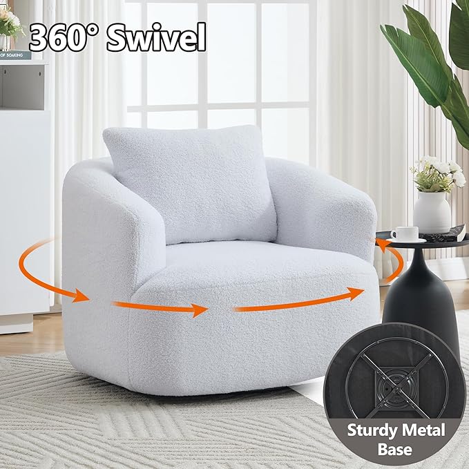360° Rotating Round Plush Chair with Removable Pillow - High-Resilience Foam &amp Spring Support No-Assembly Teddy Velvet Armless Sofa for Living Room/Bedroom (White)