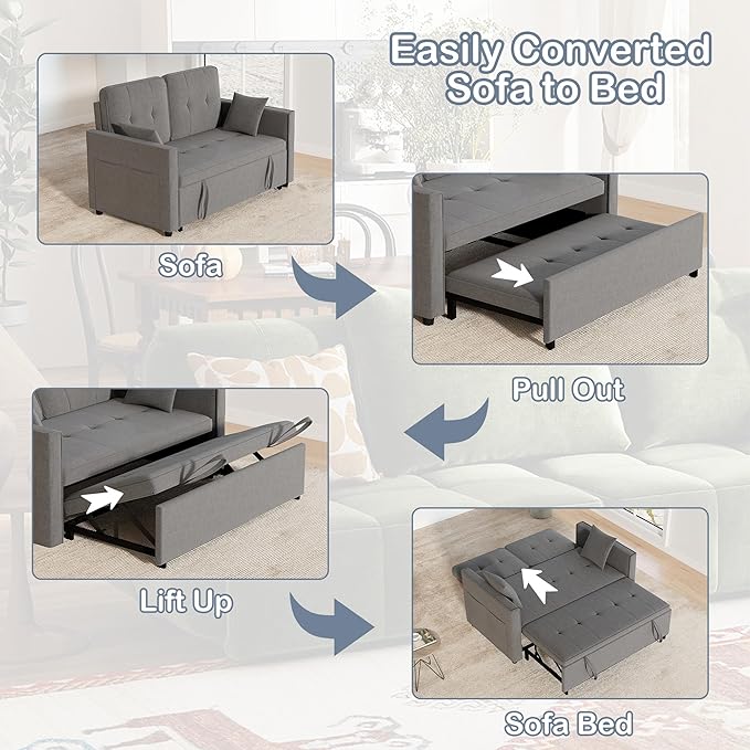 Pull Out Sofa Bed: 71 Gray Convertible Loveseat Sleeper Sofa Bed for Small Space Modern 3 in 1 Couch with Storage Couch Beds for Living Room (Grey)