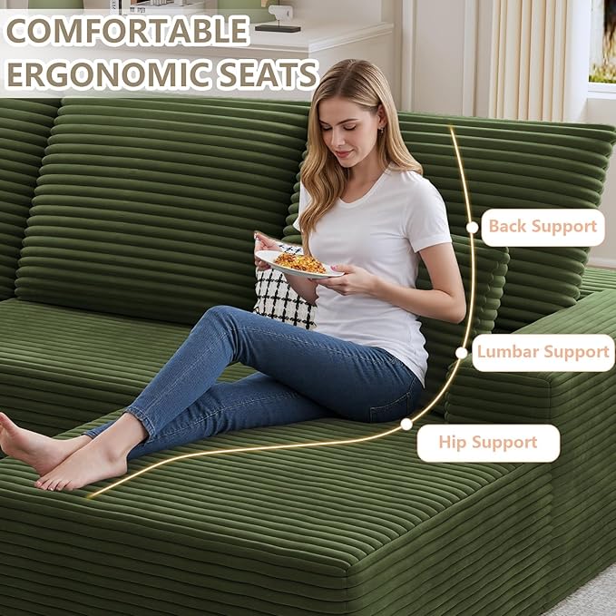 107 Cloud Sectional Couch with U-Shaped Chaise Corduroy Sectional Sofa with Ottoman Boneless Couch with Deep Seat in a Box for Living Room No Assembly Required (Green Right Facing Chaise)