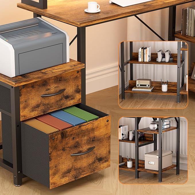 Office Desk L Shape with File Drawers&ampPower OutletYOUNGAR 69.3 Inch Reversible L Shaped Computer DesksCorner L Shape or Long Desk Set up Monitor Stand &ampStorage Shelves LED Lights &ampCPU S