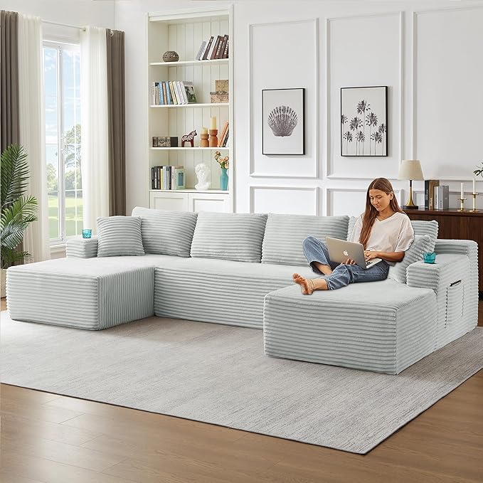 133.5 Modular Sectional Sofa with Movable Chaises Boneless Couches with Cup Holders for Living RoomOversized U Shaped Sectional Couch Modern Cloud Corner Sofa with Storage 6 Seater- Gray