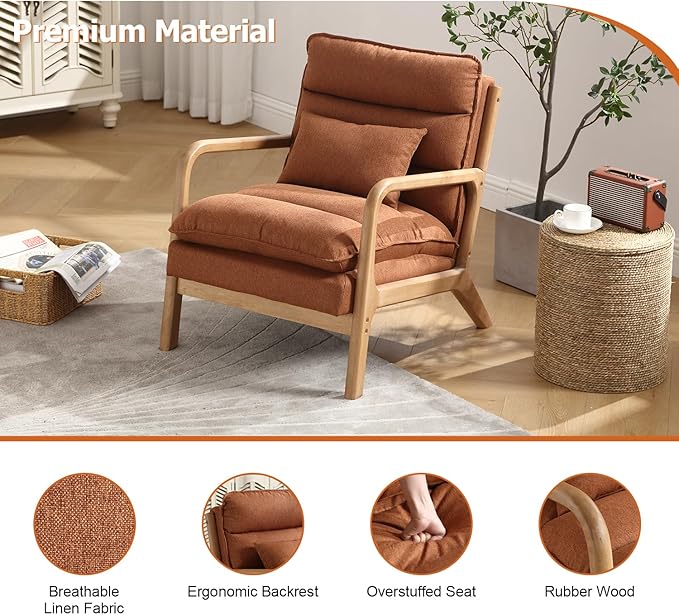 INZOY Accent Chairs Set of 2 Mid Century Modern Accent Chair with Wood Frame Upholstered Reading Armchair with Waist Cushion Side Chair for Living Room Bedroom Office Easy Assembly Brown