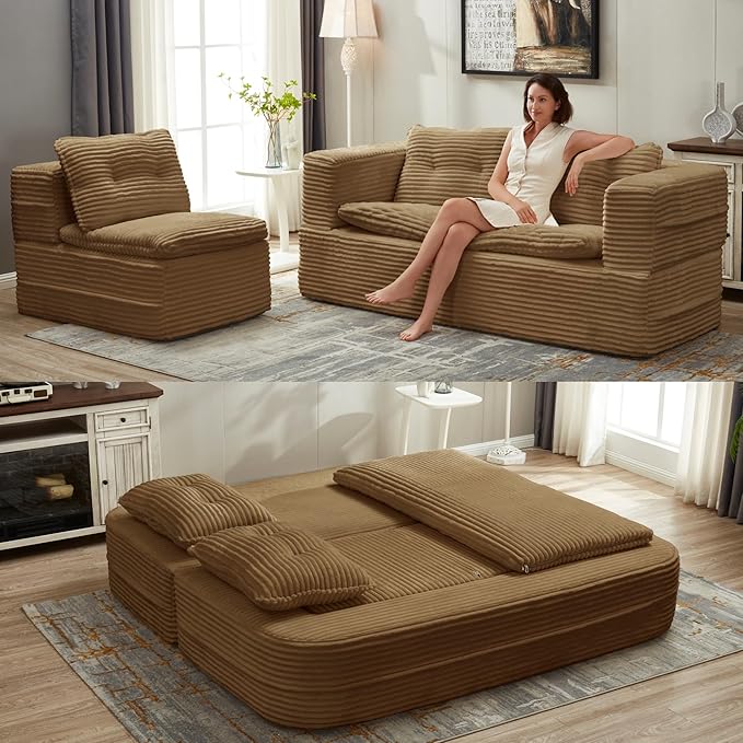 Folding Convertible Sectional Sofa Bed Corduroy Floor Couch Loveseat Lounge Chaise for Office Apartment80 King Size BedCamel