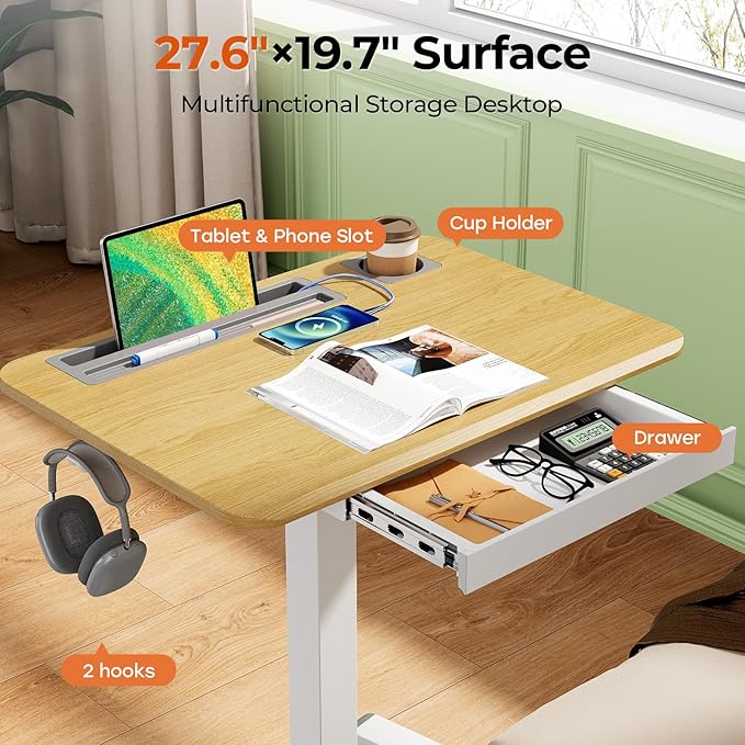 Mobile Standing Desk with Drawer 28 Rolling Desk with Cup Holder and Hooks Portable Laptop Workstation on Wheels Height Adjustable Cart with Storage for Home Office Maple