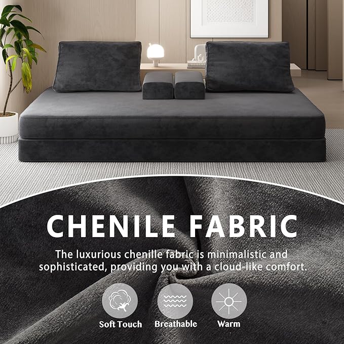 Futon Sofa Bed King Size Boneless Sleeper Sofa Oversized Chenille Foldable Couch Convertible Floor Couches Modern Folding Mattress Daybed for Gaming Living Room Apartment Dark Grey