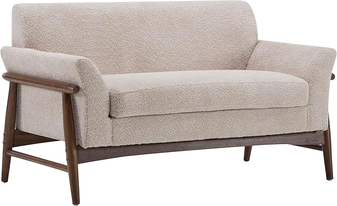 Christopher Knight Home Canna Boucle Flared Arms Loveseat Comfy Upholstery 2 Seater Sofa Wooden Frame Living Room Chair Soft Seating Lounge Sofa for Bedroom/Office Almond + Walnut