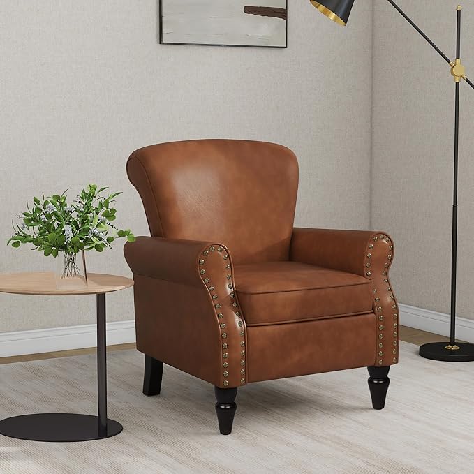Accent Chair Mid Century Modern Faux Leather Arm Chair with Wood Leg for Living Room Bedroom Comfy PU Leather Club Reading Chairs with Wingback &amp Nailhead Trim (Leather Brown Set of 2)