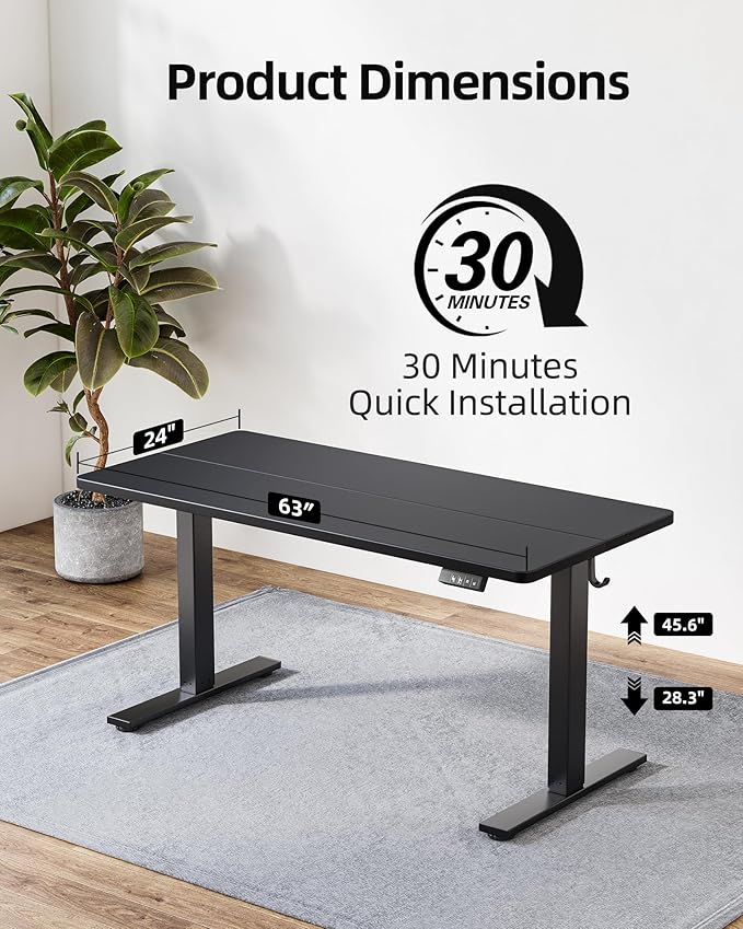 TIQLAB Standing Desk 63 x 24 inch Electric Height Adjustable with Splice Board Sit Stand Desk for Home Office Black