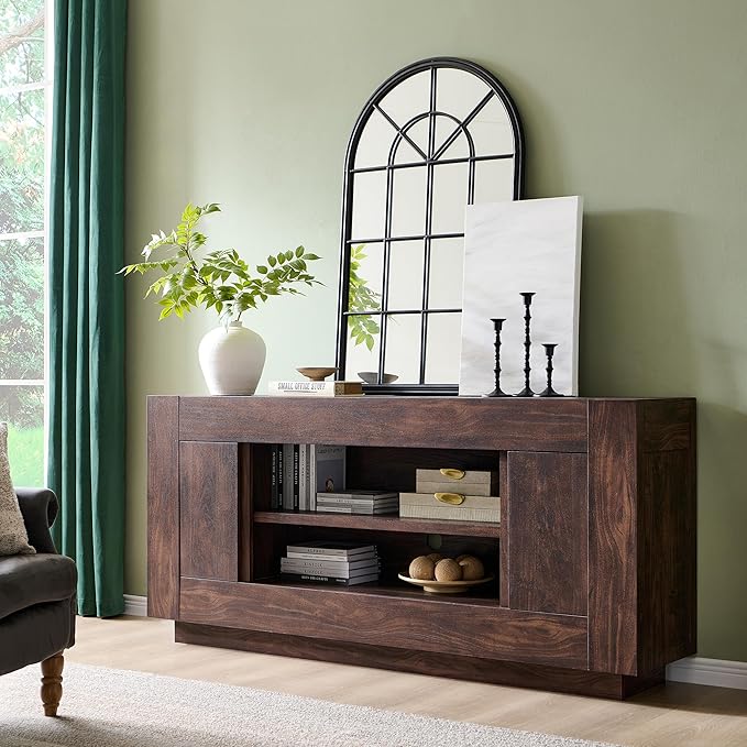 OKD Modern 70 TV Stand Entertainment Center for TVs Up to 80 Media Console with Large Open Storage &amp Side Cabinets Thick Wood Design for Living Room Dark Walnut