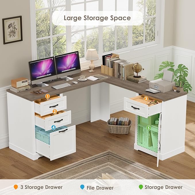 HIFIT Farmhouse Executive L Shaped Desk with Power Outlets 60 Corner Computer Desk with 3 Storage Drawers &amp 2 File Cabinets L Shaped Home Office Desk for Study White