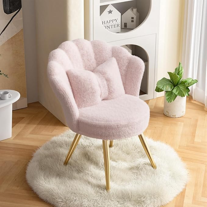 Plush Sherpa Accent Chair with Gold Metal Legs Fluffy Vanity Chair for Makeup Room Upholstered Guest Chair for Living Room for Bedroom Pink