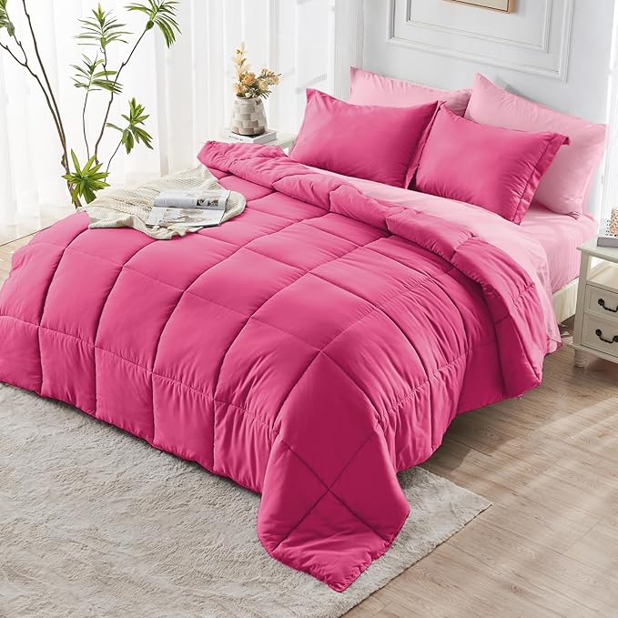 JOLLYVOGUE Twin Comforter Set Ultra-Soft Bed in a Bag Twin Size 5 Pieces Oeko-TEX Certified Bedding Set with Down Alternative Comforter Sheets Pillowcases &amp Shams Hot Pink &amp Baby Pink