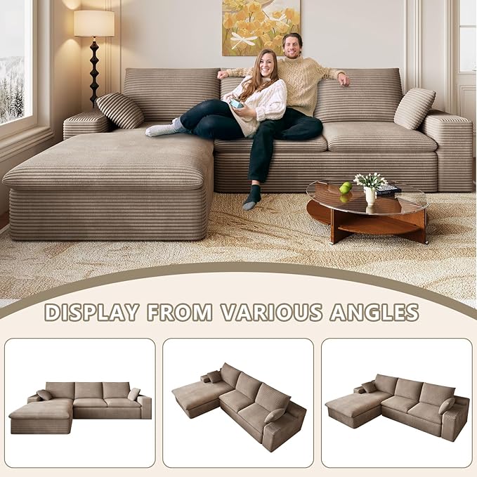 107 Cloud Couch Modular Sectional Couchs with Chaise Lounge L-Shape Boneless Couches for Living Room Corduroy Sofa with Deep Seat No Assembly Required (Camel Left Facing Chaise)