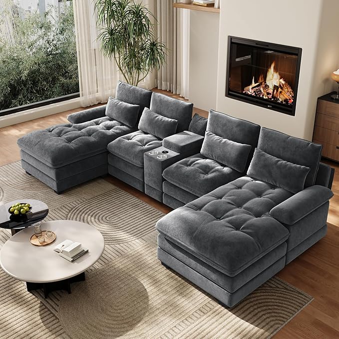 OUYESSIR 134 Oversized Grey Sectional Couches for Living RoomFluffy Couch with Chaise Lounge&ampTufted Buttons U Shaped Living Room Sofa Set FurnitureChenille 6 Seater Couch with Storage Console