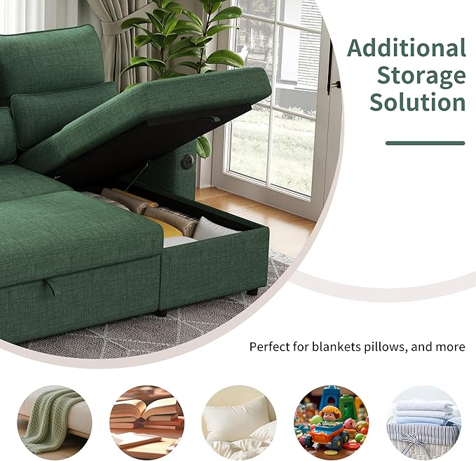 Sectional Sleeper Sofa with Pull Out Couch Bed with Storage Chaise for Living Room Comfy Linen Modular Sectional Sofa with Dual USB &amp Type-C Cup Holders (Green 81 Inches)