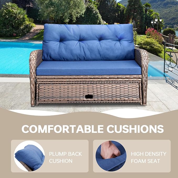 Patio Rattan Daybed Wicker Recliner Loveseat for Two with Multifunctional Recliner and Stowable Side Tray 5 Level Adjustable Backrest (Brown Wicker/Blue Cushion)
