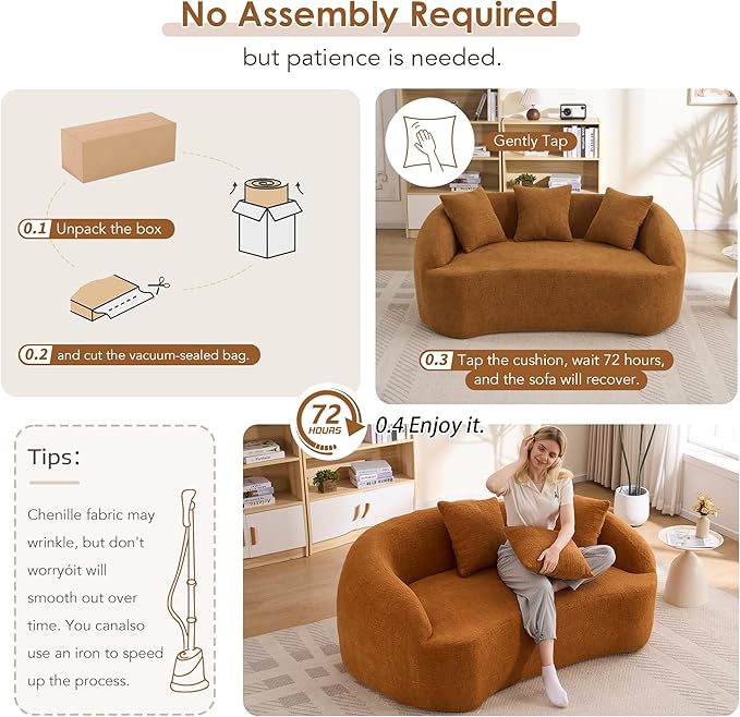65” Beige Curved Couch&amp Loveseat Sofa with 3 Pillows Compression Couch with Round Armrest Suitable for Small Space Bedroom Living Room Memory Foam Chenille No Assembly (Upgraded Orange)