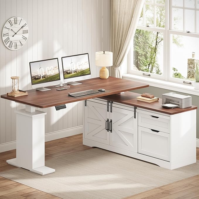 SEDETA Farmhouse L Shaped Standing Desk 55 inch Height Adjustable Corner Desk with Storage Drawers Standing Computer Desks with Power Outlets for Home Office White