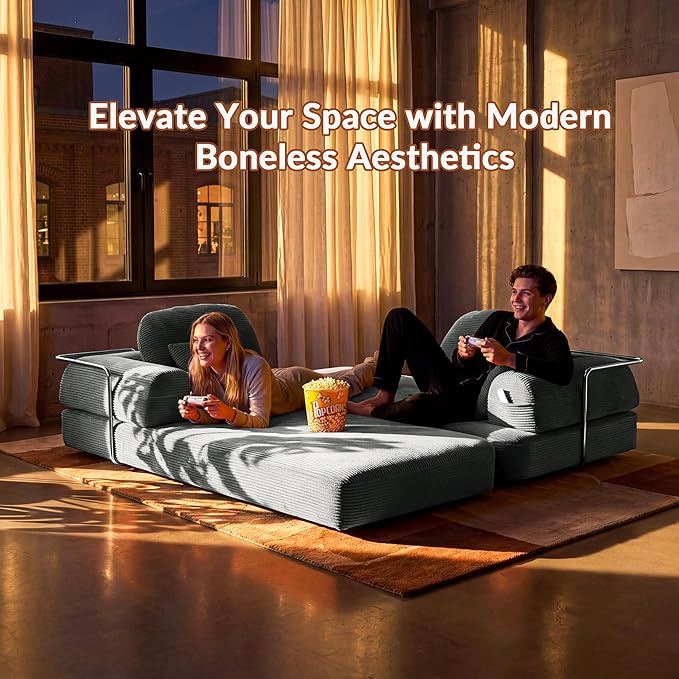 Convertible Modular Sofa Bed with Large Backrest Support &amp Storage Pockets Modern Corduroy Floor Couch for Small Apartment &amp Limited Space Ergonomically Designed Furniture (Gray 82'')
