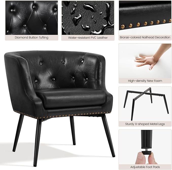 Yaheetech Modern Accent Chair Faux Leather Retro Armchair Upholstered Barrel Chair with Metal Leg and Comfy Seat Cushion for Living Room Bedroom Black Set of 2
