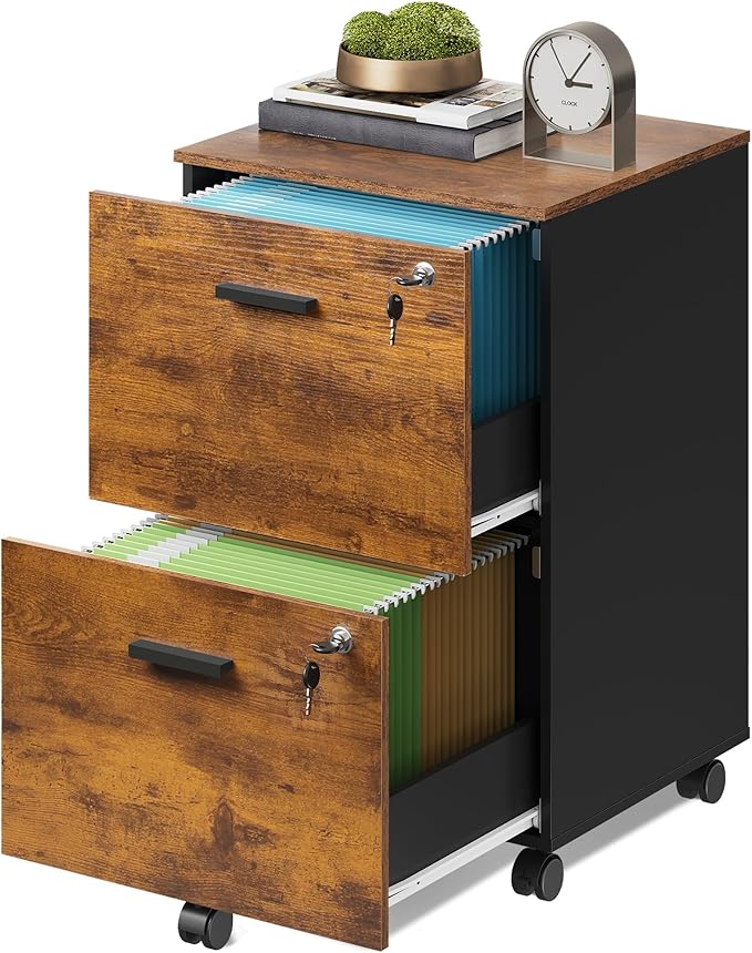DEVAISE 2 Drawer File Cabinet Mobile Printer Stand Wood Filing-Cabinet fits A4 or Letter Size for Home Office Rustic Brown