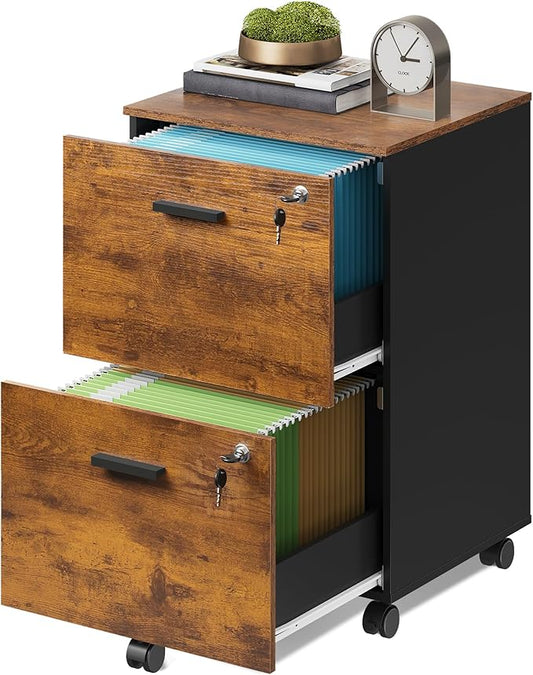 DEVAISE 2 Drawer File Cabinet Mobile Printer Stand Wood Filing-Cabinet fits A4 or Letter Size for Home Office Rustic Brown