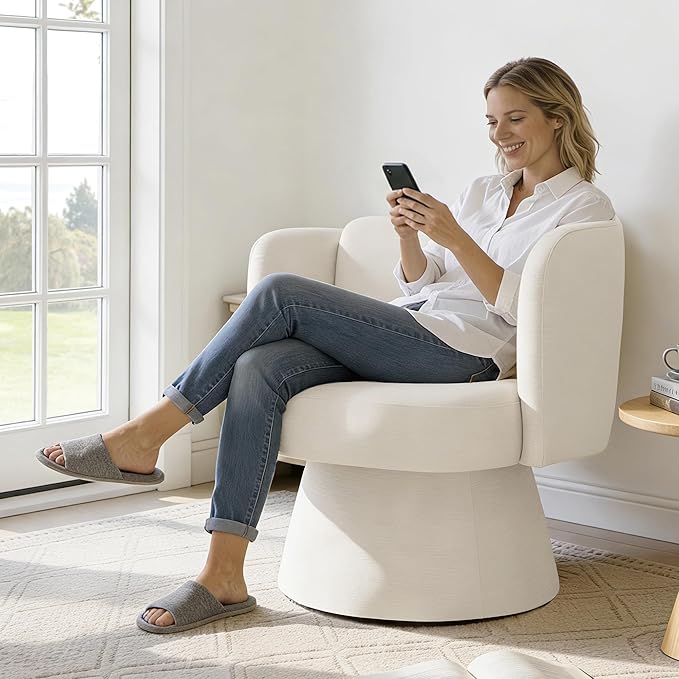 Swivel Barrel Chair360° Accent Chairs with Round BackrestUpholstered Lounge Chair for VanityLiving RoomBedroomReading NookLinen
