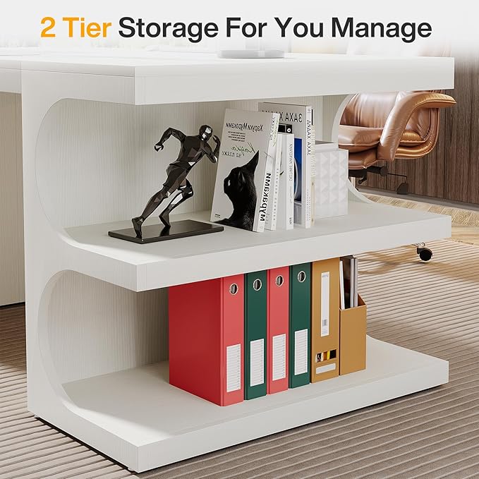 Tribesigns White Executive Office Desk 63 Computer Desk with Storage Shelves Modern Wood Study Writing Table Large Workstation Business Furniture for Home Office (Table Only)