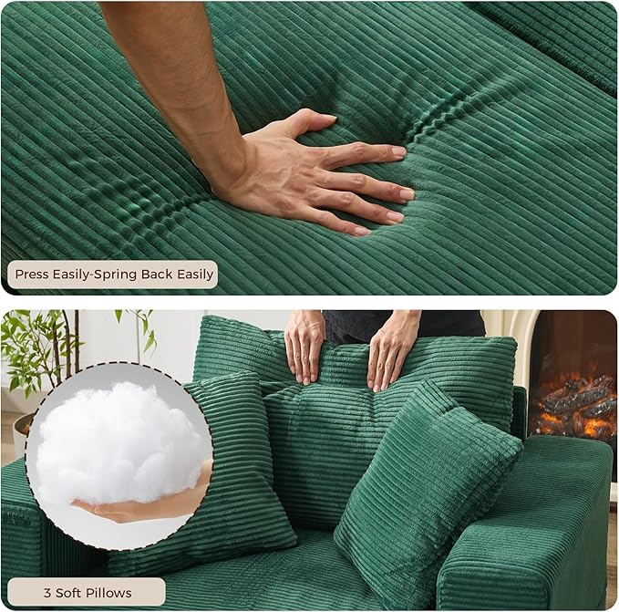 Chaise Lounge Chair IndoorOversized Corduroy Upholstered Sofa Bed with Removable Storage Ottoman Small Cloud Sofas for Living Room Comfy Deep Seat Sleeper Couch Reading Chairs (Green)