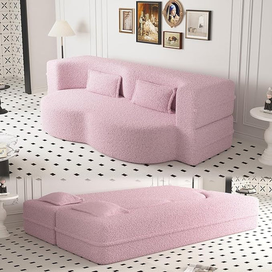 78 Convertible Folding Sofa Bed 2-in-1 Full Size Floor Boneless Couch Bed Loveseat sleeper Couch  Teddy Floor Sofa Memory Foam Sleeper SofaBed Small couches for small spaces No Assembly (Pink)