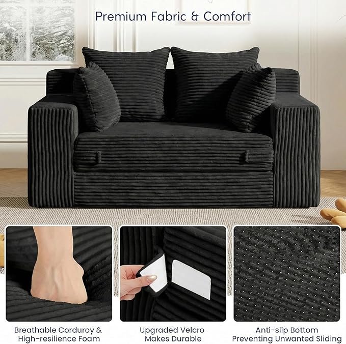 Boneless Couch Loveseat Sleeper Convertible Sofa Bed Folding Couch Bed Foldable 2 in 1 Boneless Chair Bed &amp Futon Sofa Bed Small Pull Out Sofa with 4 Pillows for Living Room Black | No Assembl